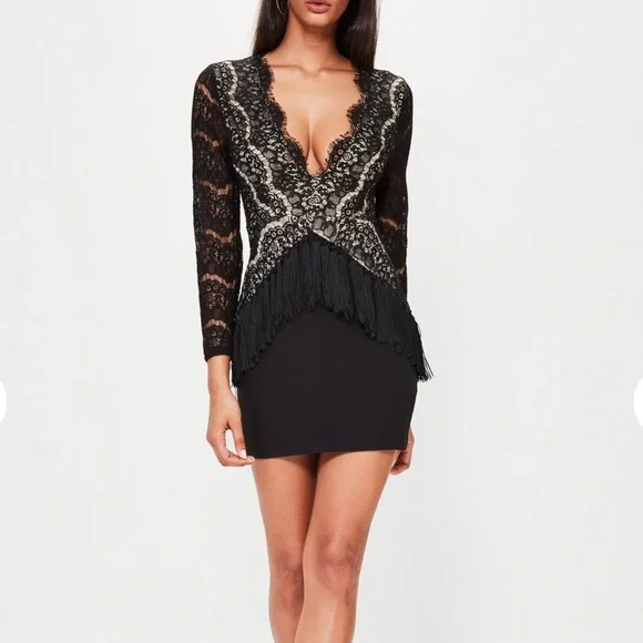 Women's Missguided Black Plunge Lace Long Sleeve Bodycon Dress, Size 4